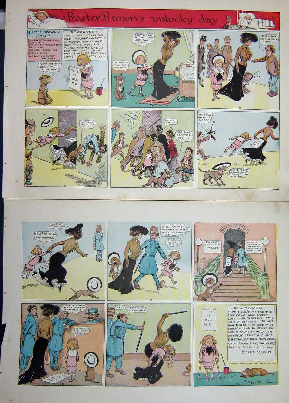 Old Antique Print Foxy Grandpa Cartoon 1903 Buster Brown Policeman Dog 20th