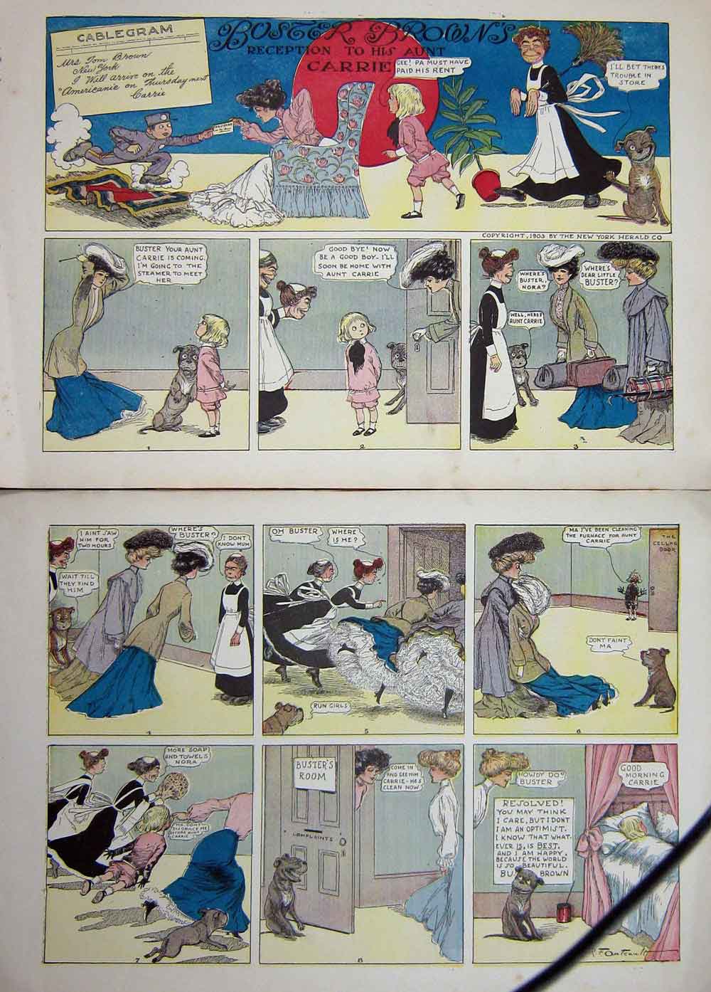 Original Old Antique Print Foxy Grandpa Cartoon 1903 Buster Brown Aunt Carrie