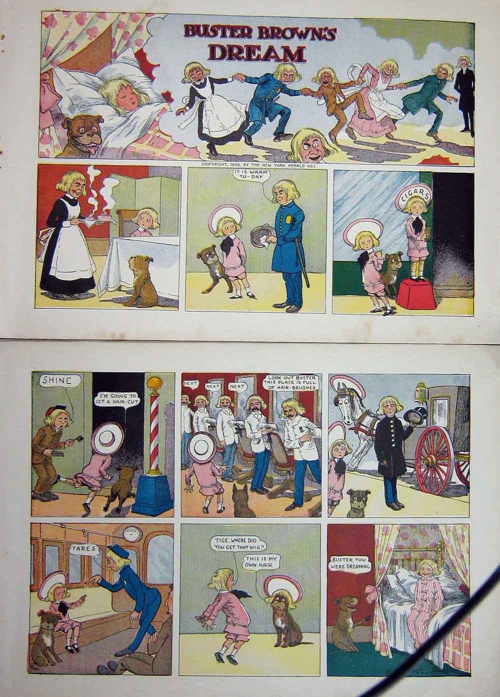 Original Old Antique Print Foxy Grandpa Cartoon 1903 Buster Brown Dreaming Bed
