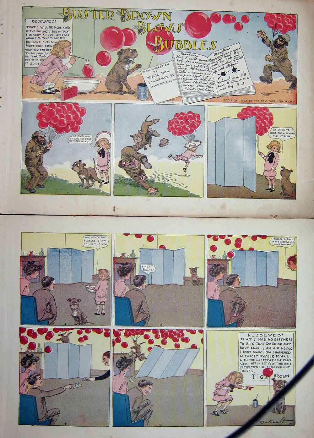 Old Antique Print Foxy Grandpa Cartoon 1903 Buster Brown Blows Bubbles 20th