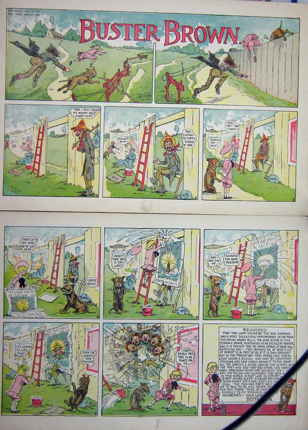 Old Antique Print Buster Brown Dog Chase Fence Foxy Grandpa Cartoon 1906 20th
