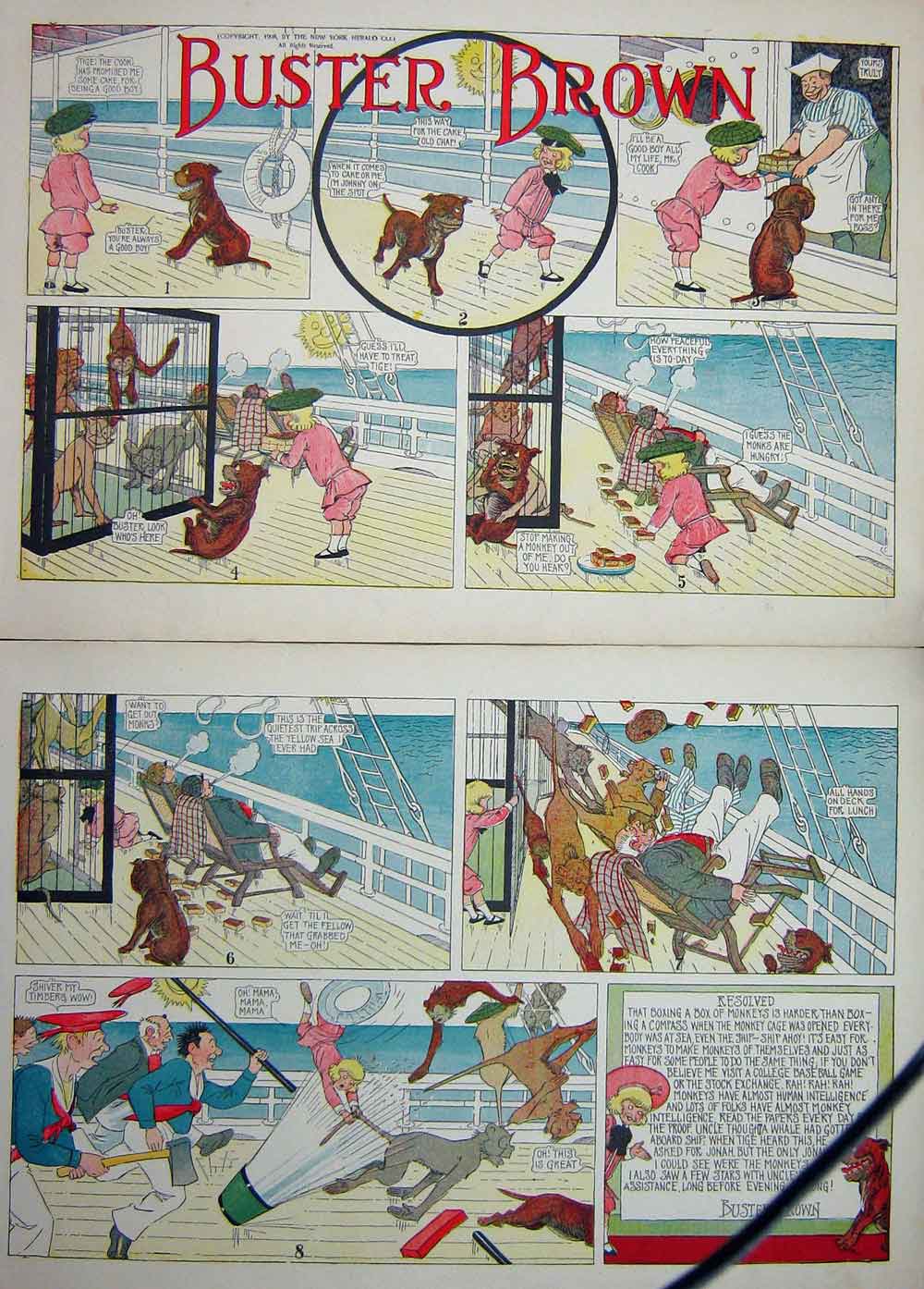 Original Old Antique Print Buster Brown Ship Animals Foxy Grandpa Cartoon 1908