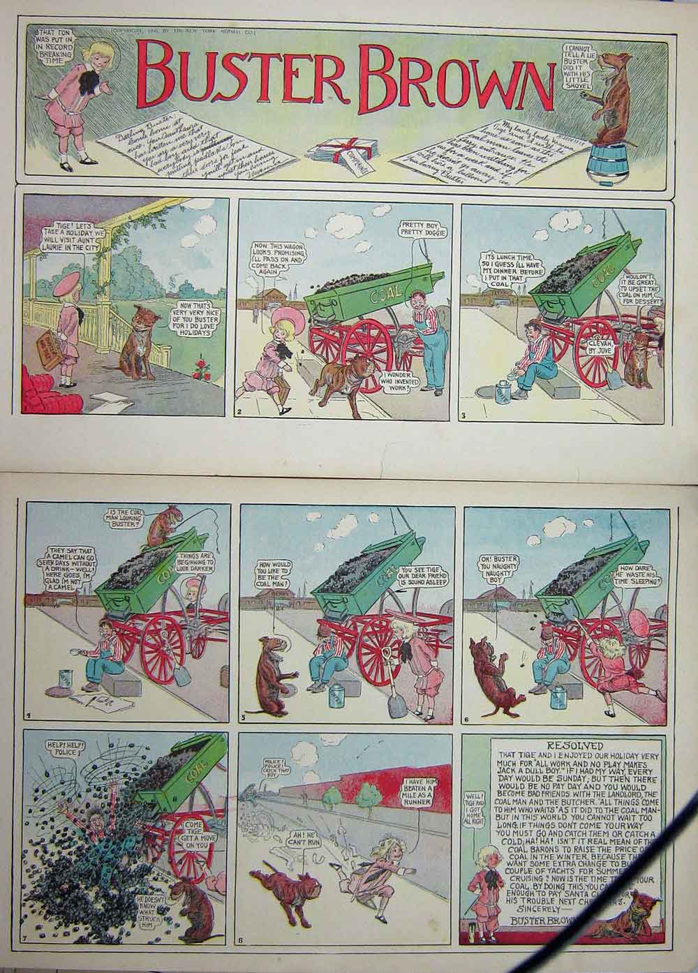 Original Old Antique Print Foxy Grandpa Cartoon 1906 Buster Brown Coal Truck
