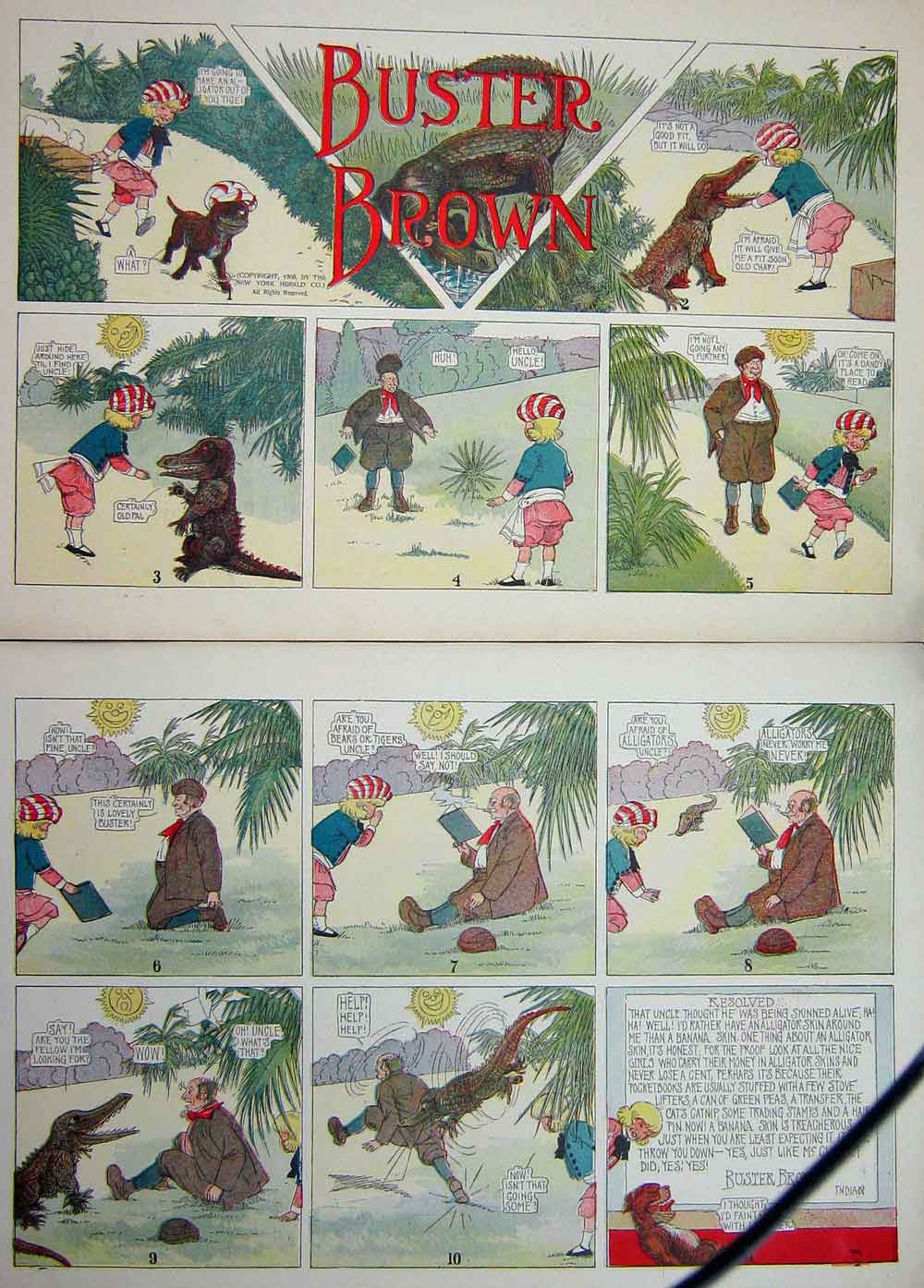 Original Old Antique Print Buster Brown Crocodile Foxy Grandpa Cartoon 1908