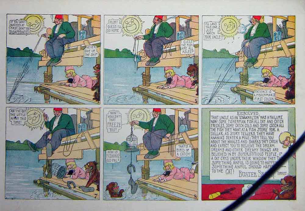 Antique Old Print Foxy Grandpa Cartoon 1908 Buster Brown Fishing Dog INCOMPLETE