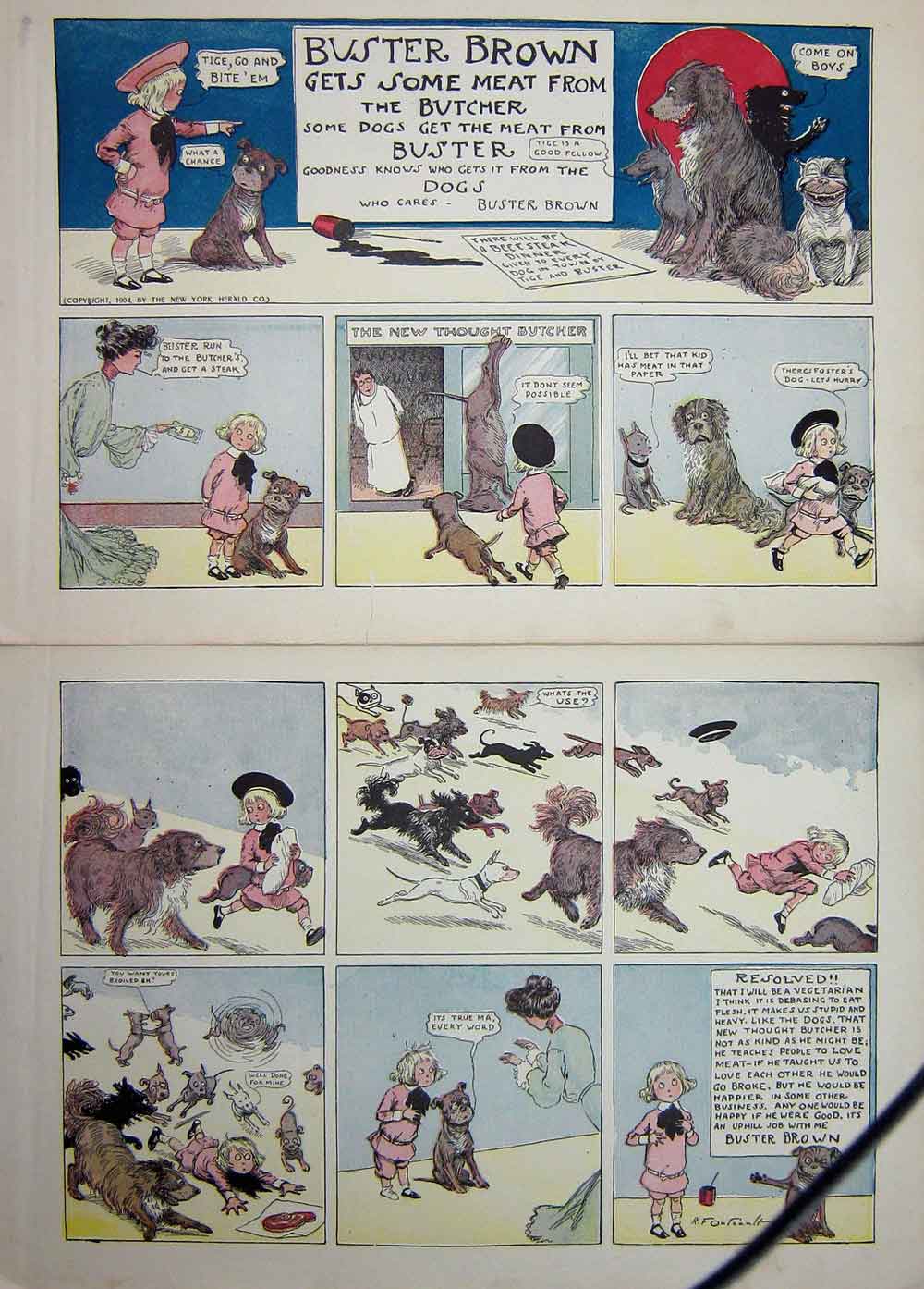 Original Old Antique Print Foxy Grandpa Cartoon 1904 Buster Brown Pets Dogs