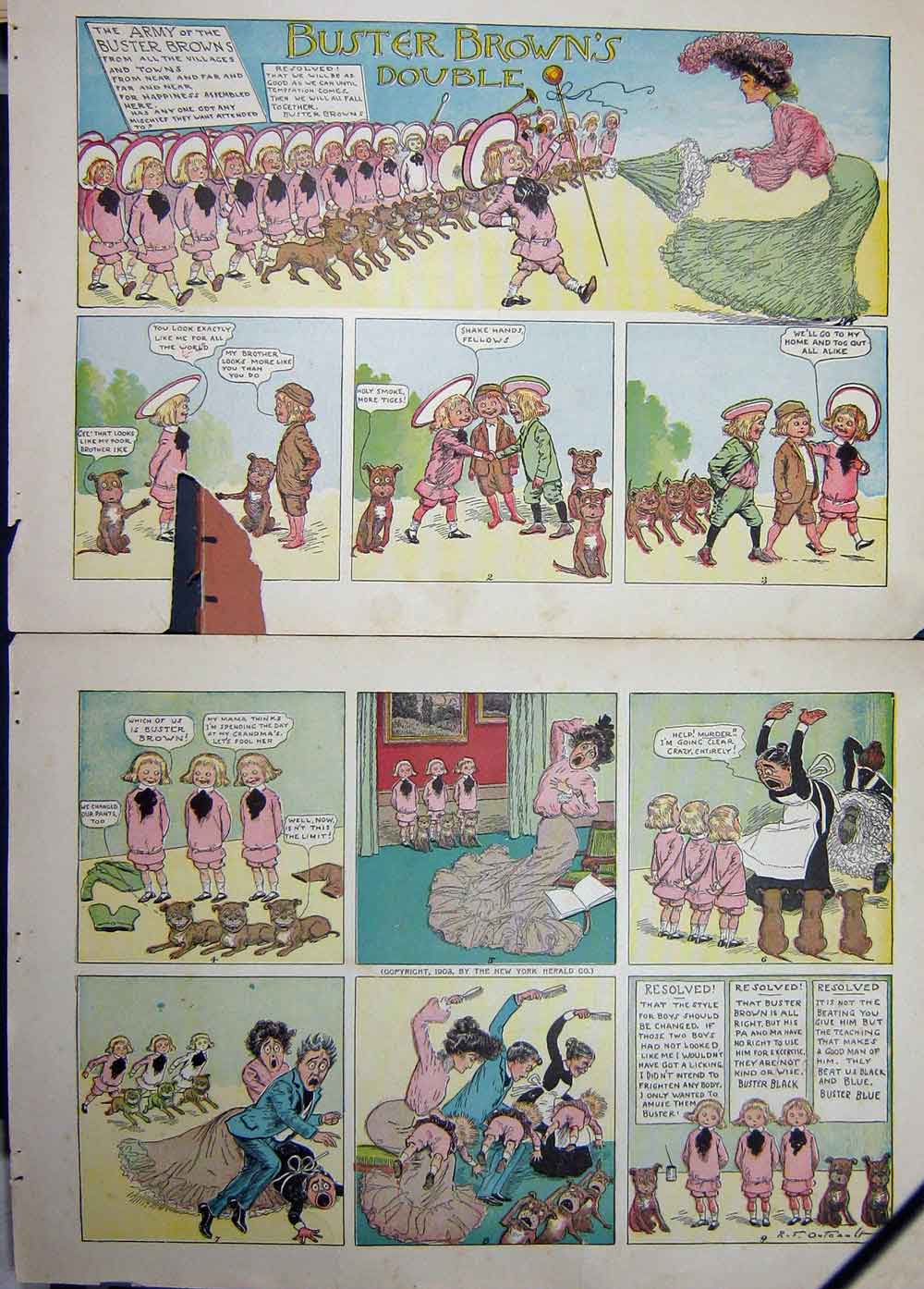 Original Old Antique Print Foxy Grandpa Cartoon Buster Brown Children Damaged