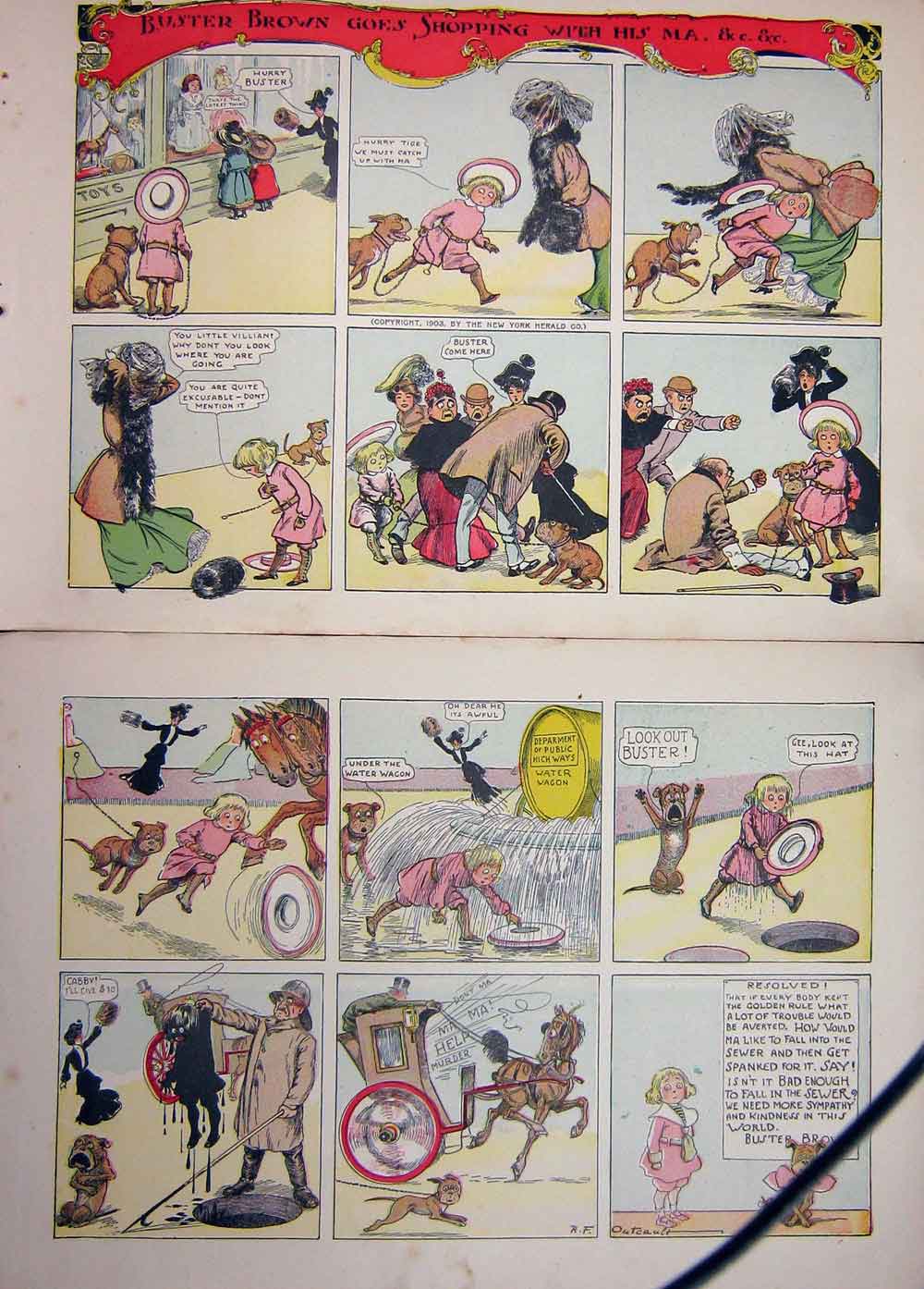 Original Old Antique Print Foxy Grandpa Cartoon Buster Brown Goes Shopping