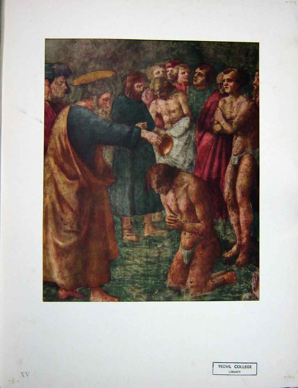 Original Old Vintage Print C1950 Colour St Peter Baptizing Neophytes Bible 20th