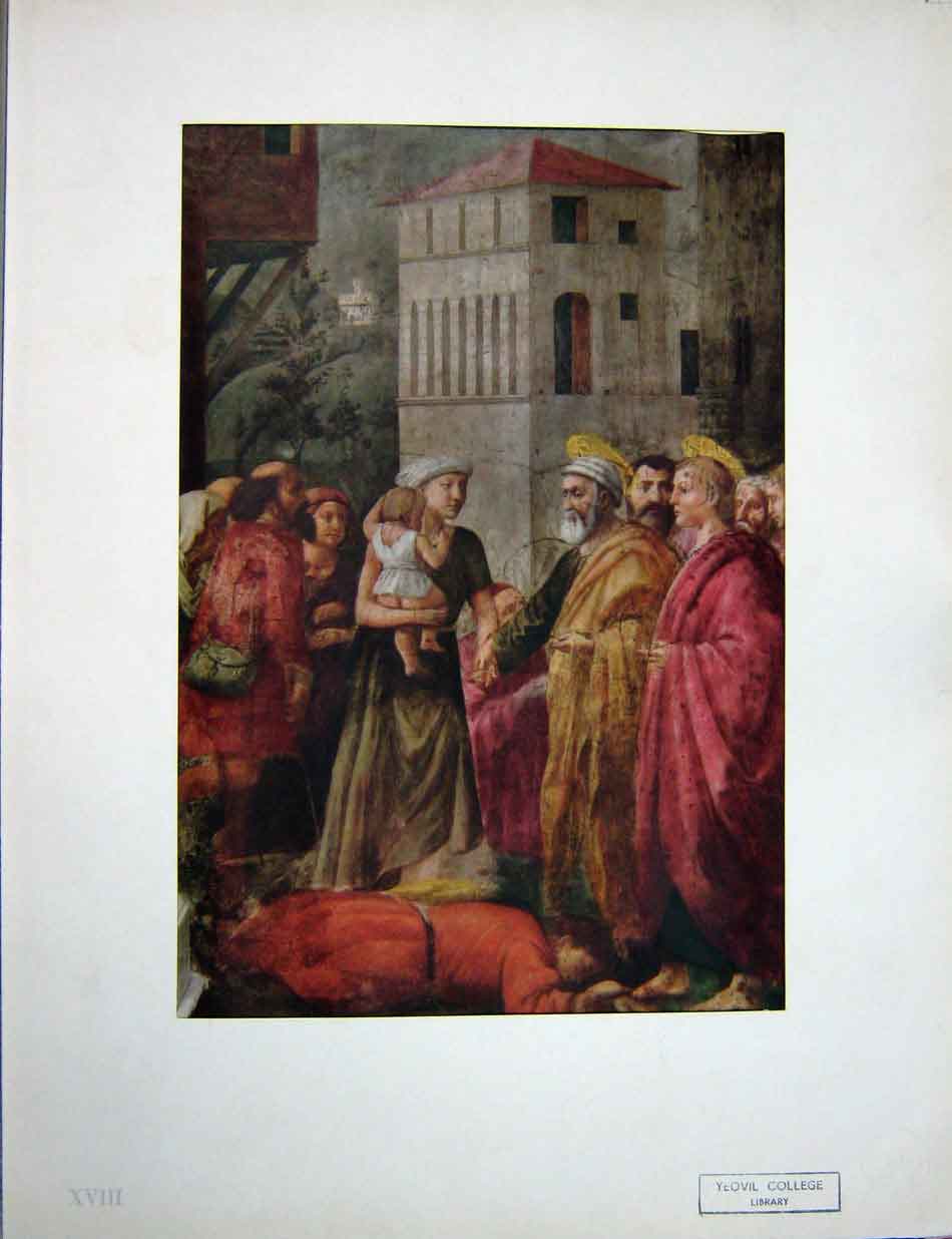 Old Vintage Print C1950 St Peter Community People Faithfull Death Ananias 20th
