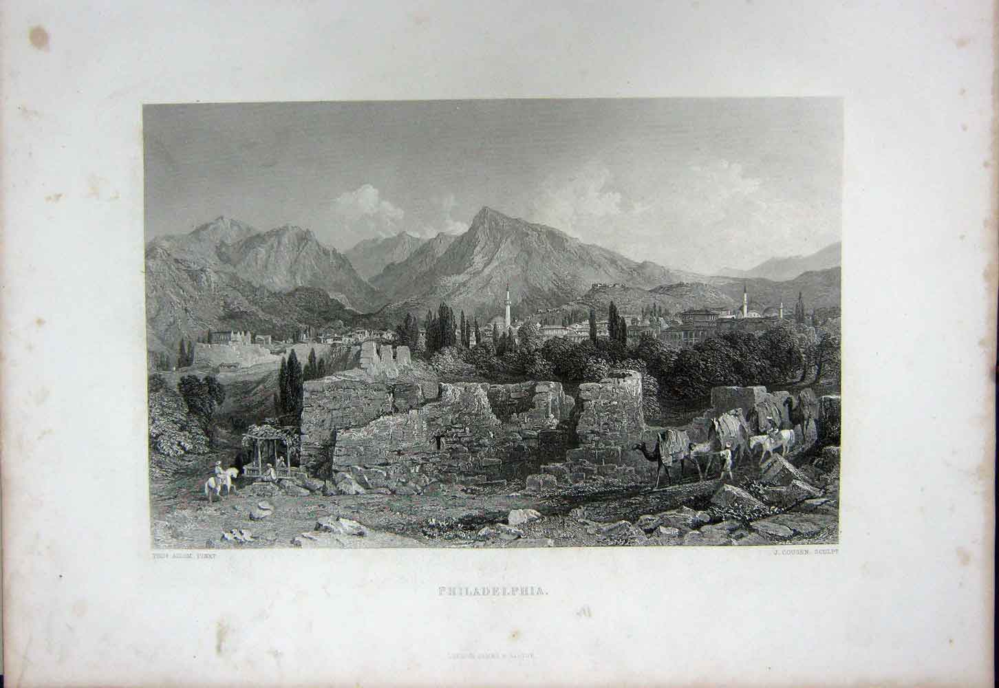 Original Old Antique Print C1890 Holy Bible View Philadelphia Mountains Ruins