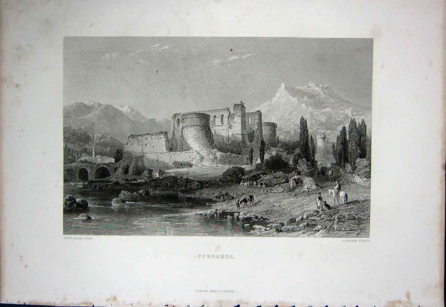 Old Antique Print C1890 Holy Bible View Pergamos Ruins Castle Mountains 19th