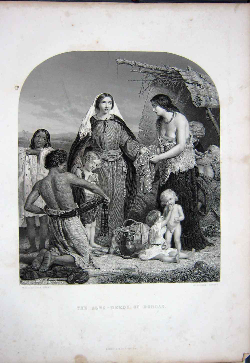 Original Old Antique Print C1890 Holy Bible Scene Alms-Deeds Dorcas Children