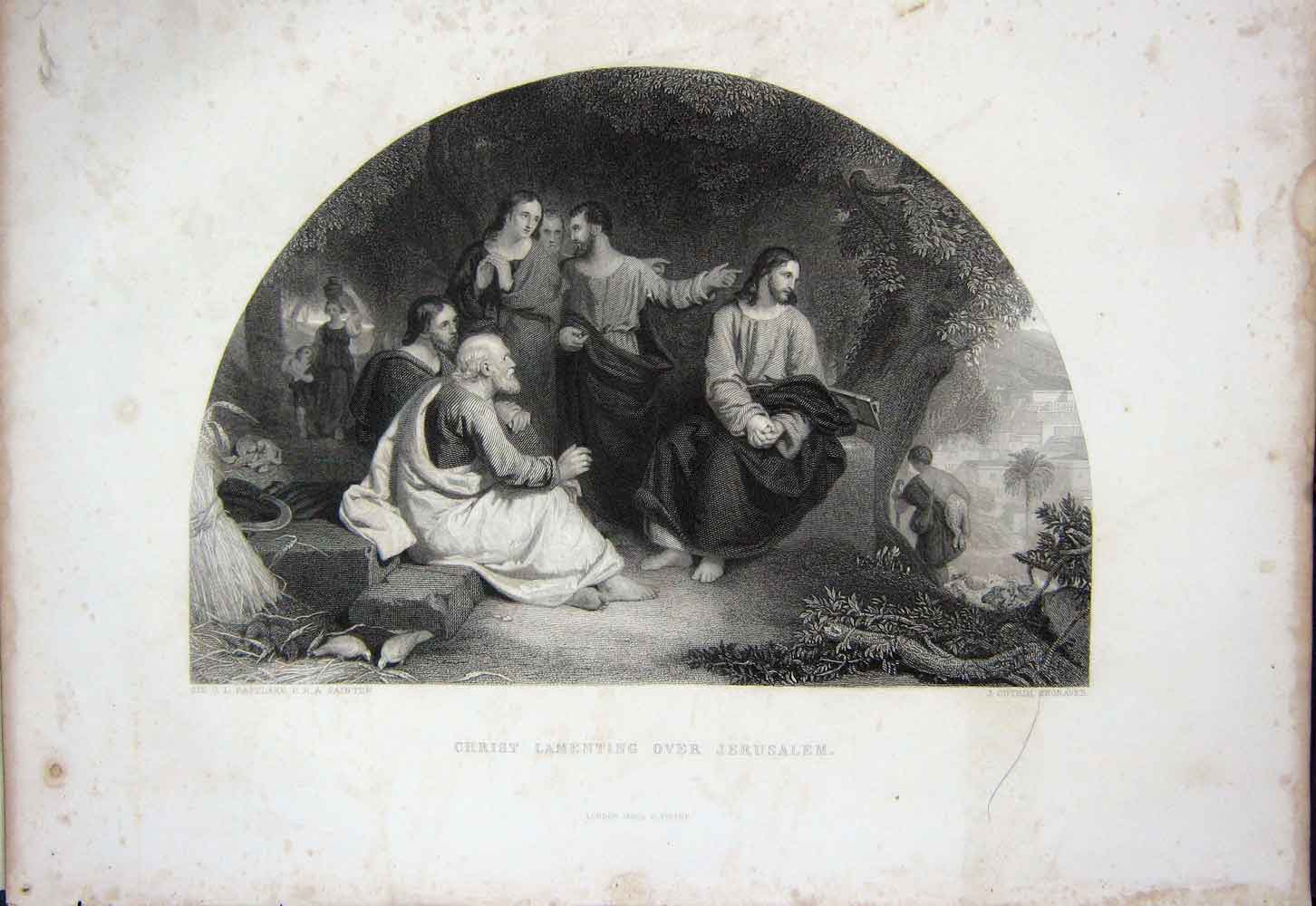 Original Old Antique Print C1890 Holy Bible Jesus Christ Lamenting Jerusalem