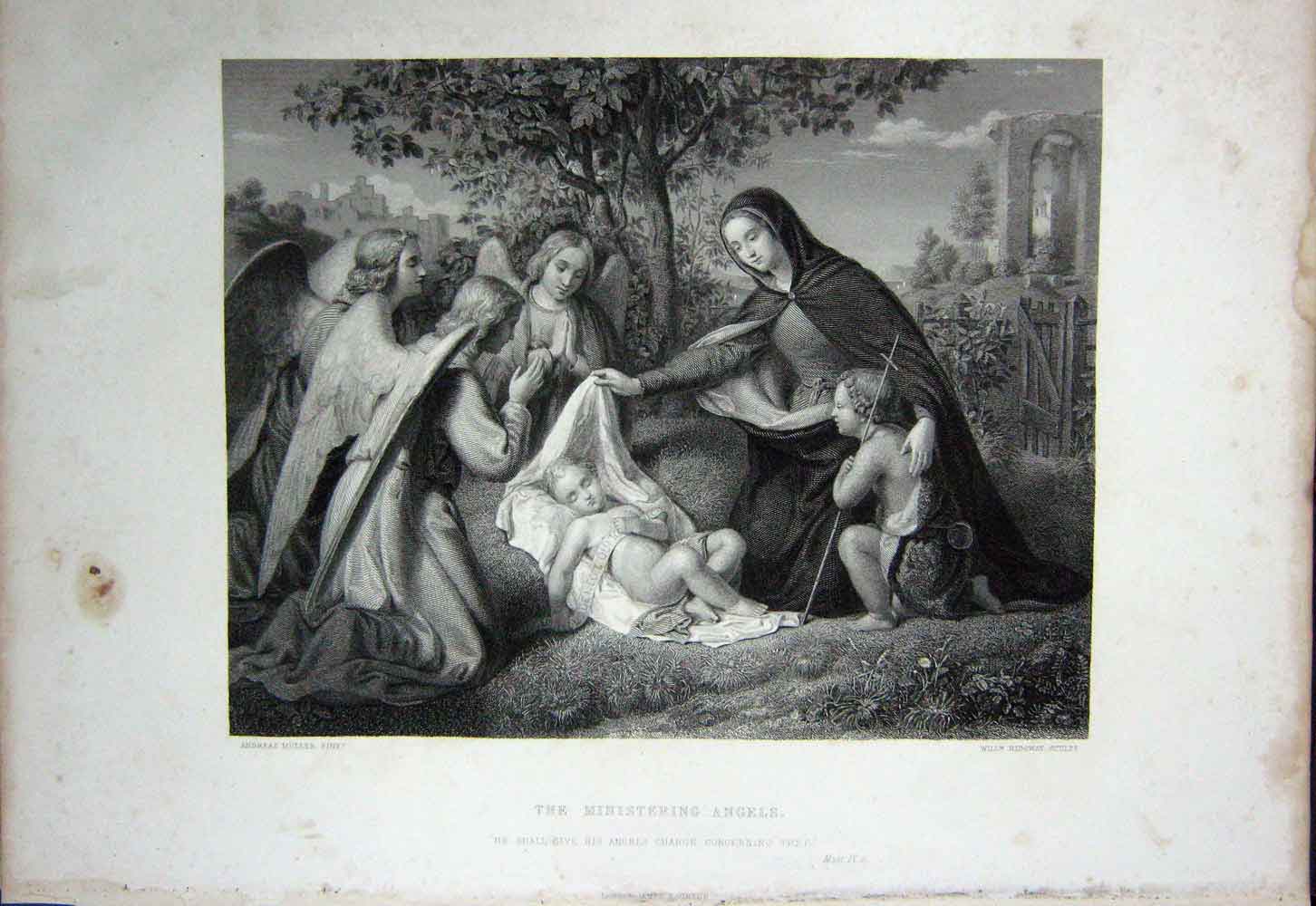 Old Antique Print C1890 Holy Bible Ministering Angels Baby Mother Ridgway 19th