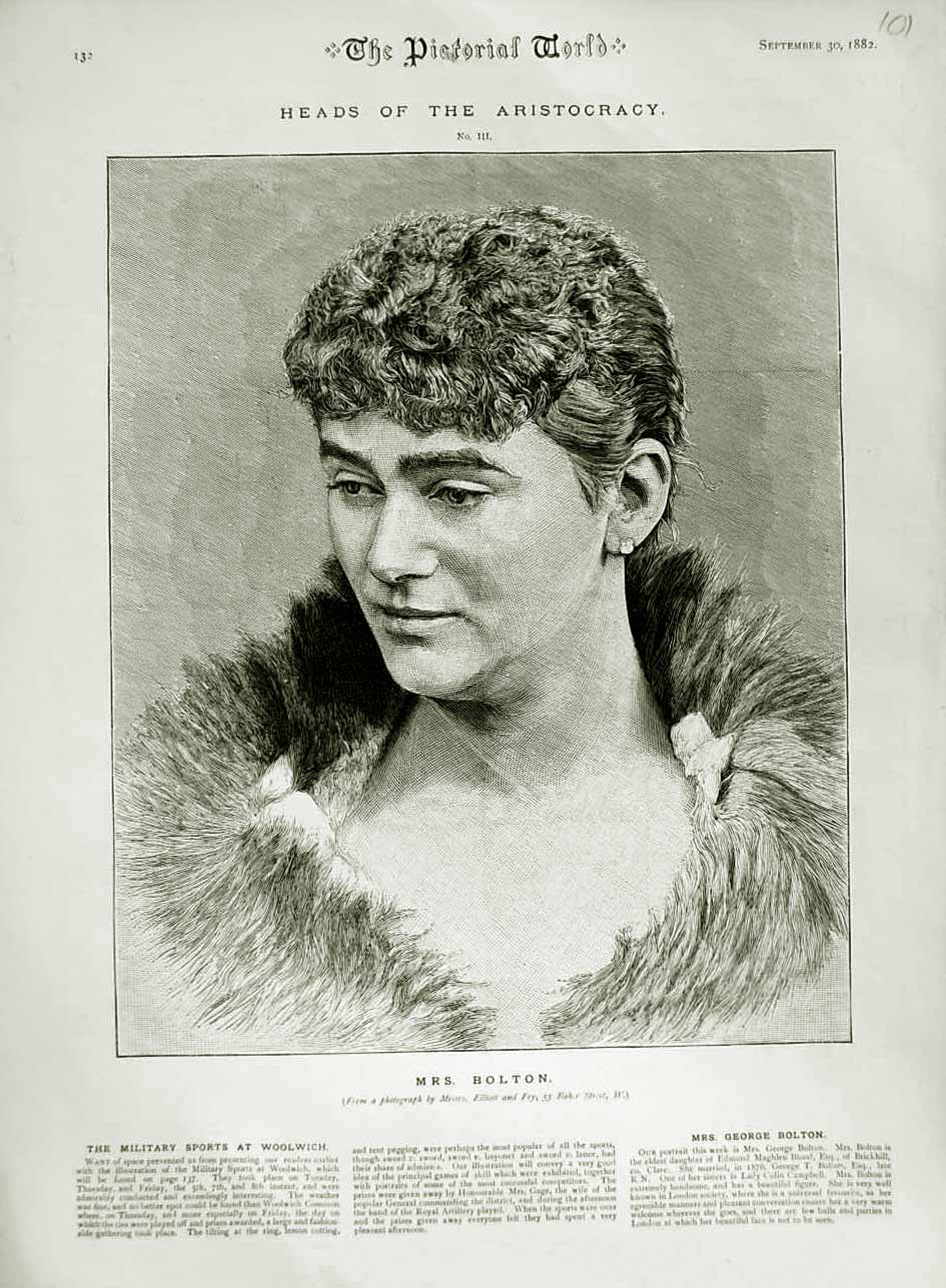 Original Old Antique Print 1882 Portrait Mrs George Bolton Aristocracy Lady
