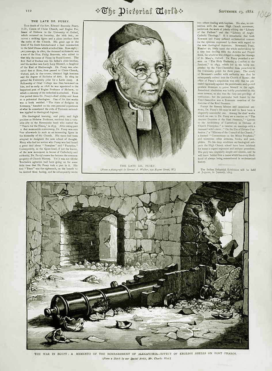 Old Antique Print 1882 Dr. Pusey War Egypt Alexandria Fort Pharos Shell 19th