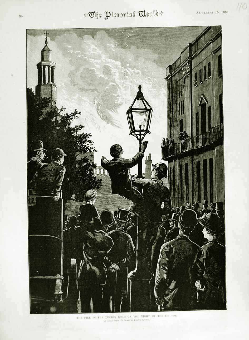 Original Old Antique Print 1882 Fire Euston Road London 8Th Inst Buildings Art