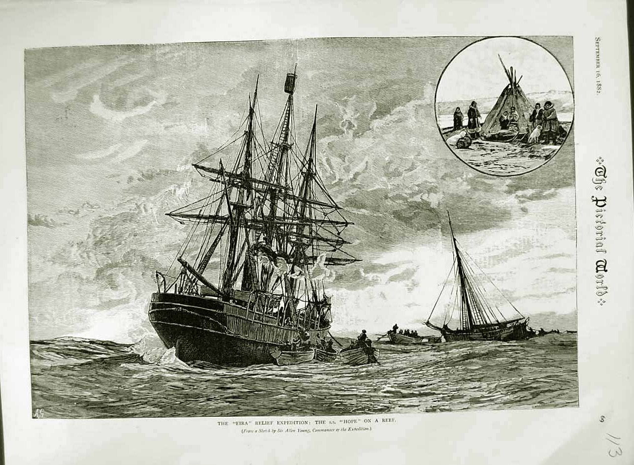 Original Old Antique Print 1882 Eira Ship Expedition S.S. Hope Reef Allen Young