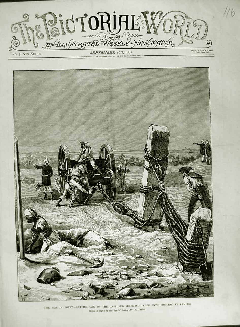 Original Old Antique Print 1882 War Egypt Seven-Inch Gun Ramleh Siers Weapons