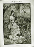 Original Old Antique Print 1882 Autumn Scene Country Lady Umbrella Trees Ludlow