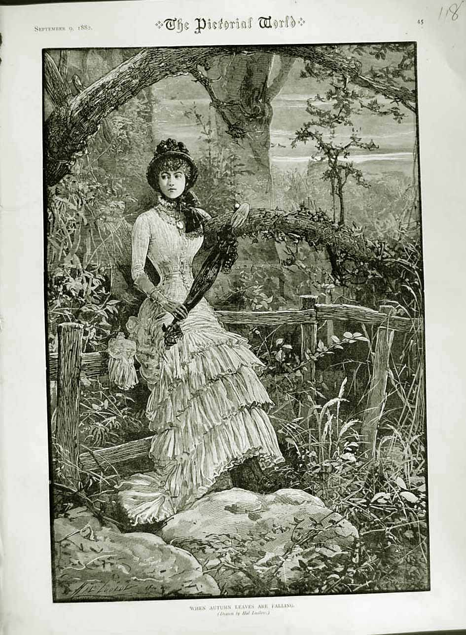 Original Old Antique Print 1882 Autumn Scene Country Lady Umbrella Trees Ludlow