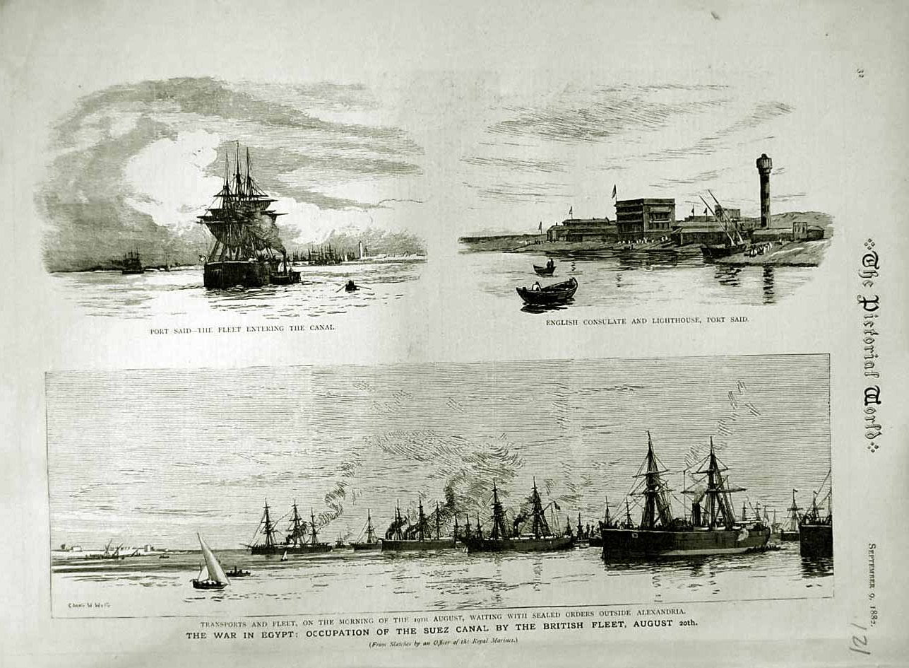 Original Old Antique Print 1882 War Egypt Suez Canal British Ships Port Said