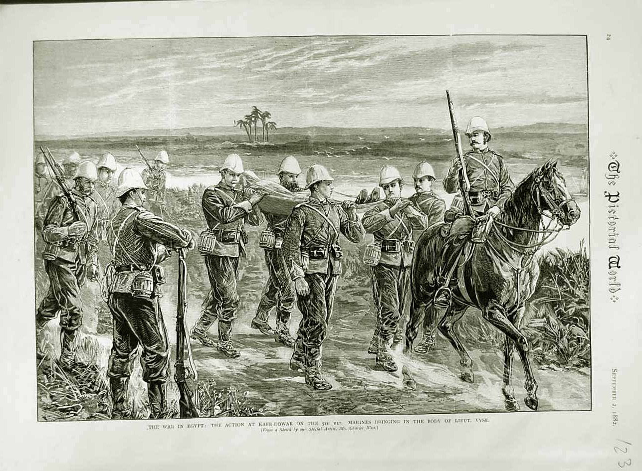 Original Old Antique Print 1882 War Egypt Kafr-Dowar Marines Body Lieut. Vyse
