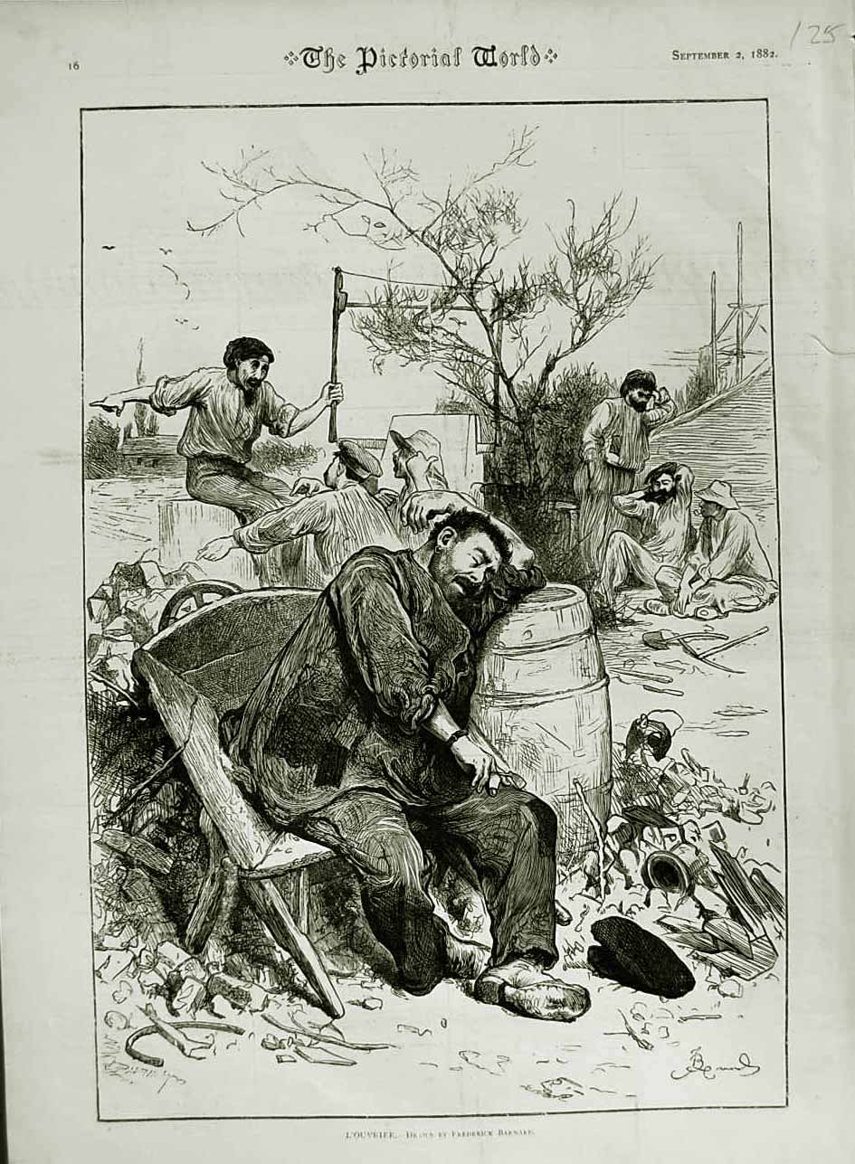 Original Old Antique Print 1882 L'Ouvrier Frederick Barnard Man Sleeping Sketch