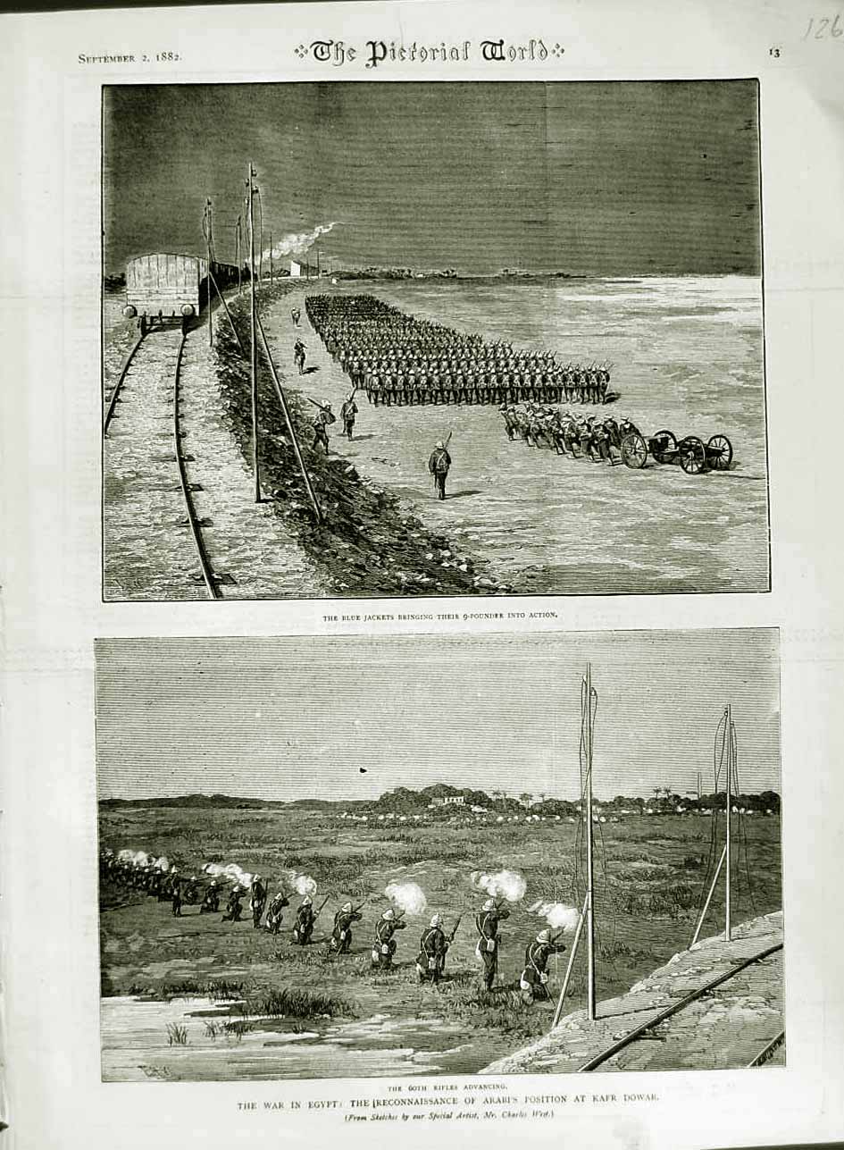 Original Old Antique Print 1882 War Egypt Blue Jackets Arabi Kafr Dowar Siers