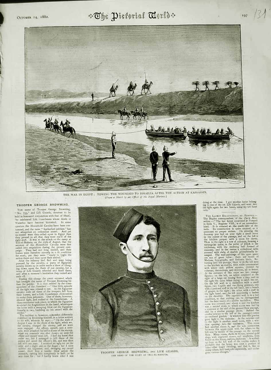 Old Antique Print 1882 Trooper George Browning War Egypt Kassassin Boats 19th