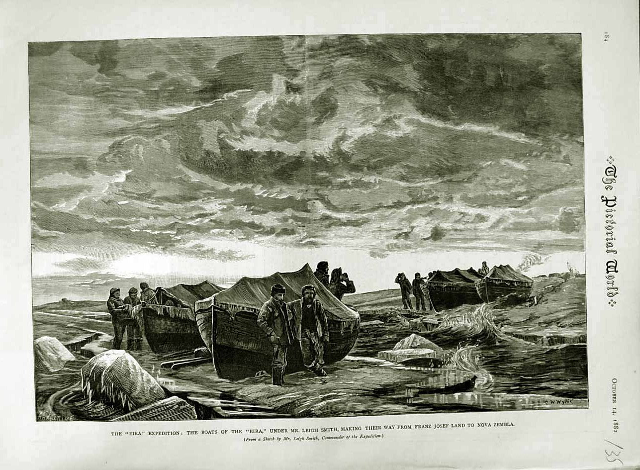 Original Old Antique Print 1882 Eira Boats Leigh Smith Franz Joseph Nova Zembla