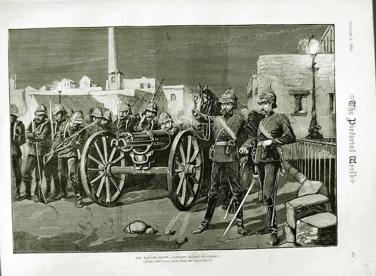 Original Old Antique Print 1882 War Egypt Night Alarm Gabary Siers Canon Horse