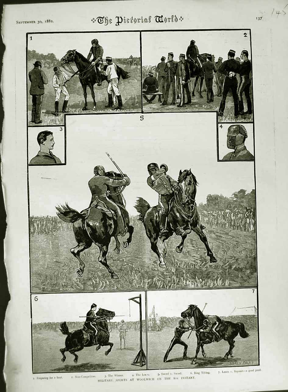 Original Old Antique Print 1882 Military Sports Wollwich Sword Bayonet Horses