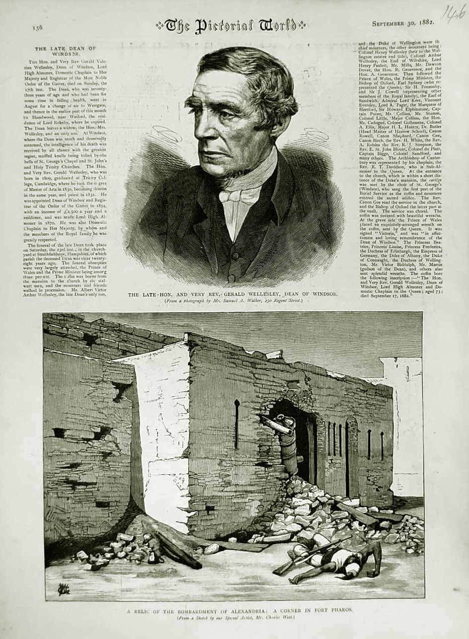 Original Old Antique Print 1882 Gerald Wellesley Dean Windsor Alexandria Pharos