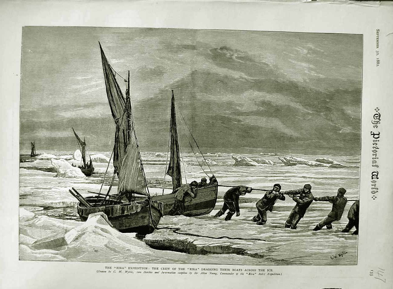 Original Old Antique Print 1882 Eira Expedition Ship Ice Boats Crew Allen Young