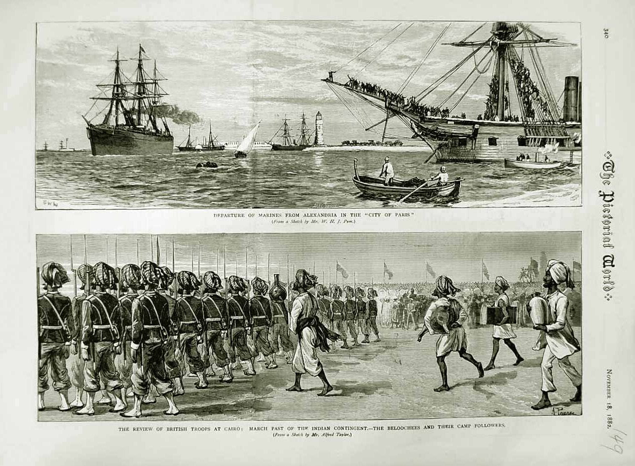 Original Old Antique Print 1882 Marines Alexandria Ship City Paris British Sier