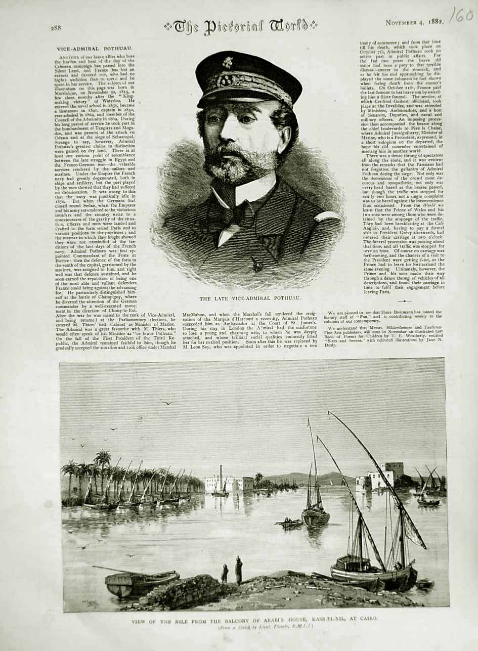 Old Antique Print 1882 Vice-Admiral Pothuau River Nile Arabi Kasr-El-Nil 19th