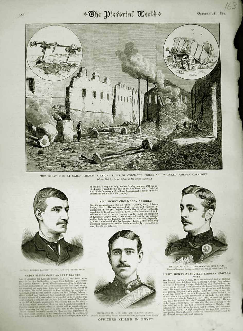Old Antique Print 1882 Fire Cairo Railway Station Baynes Gribble Howard 19th