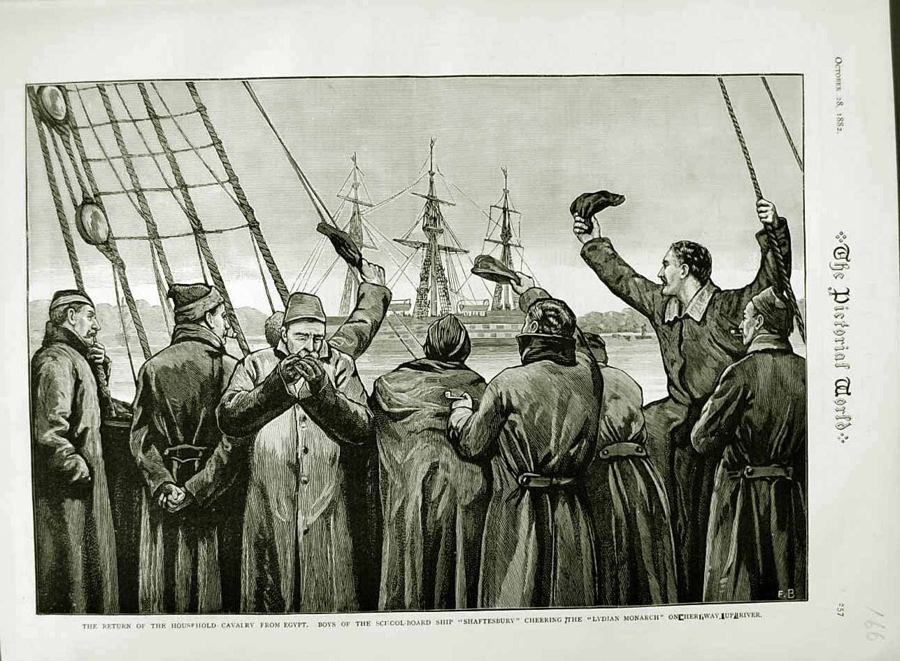 Old Antique Print 1882 Boys School Board Ship Shaftesbury Lydian Monarch 19th