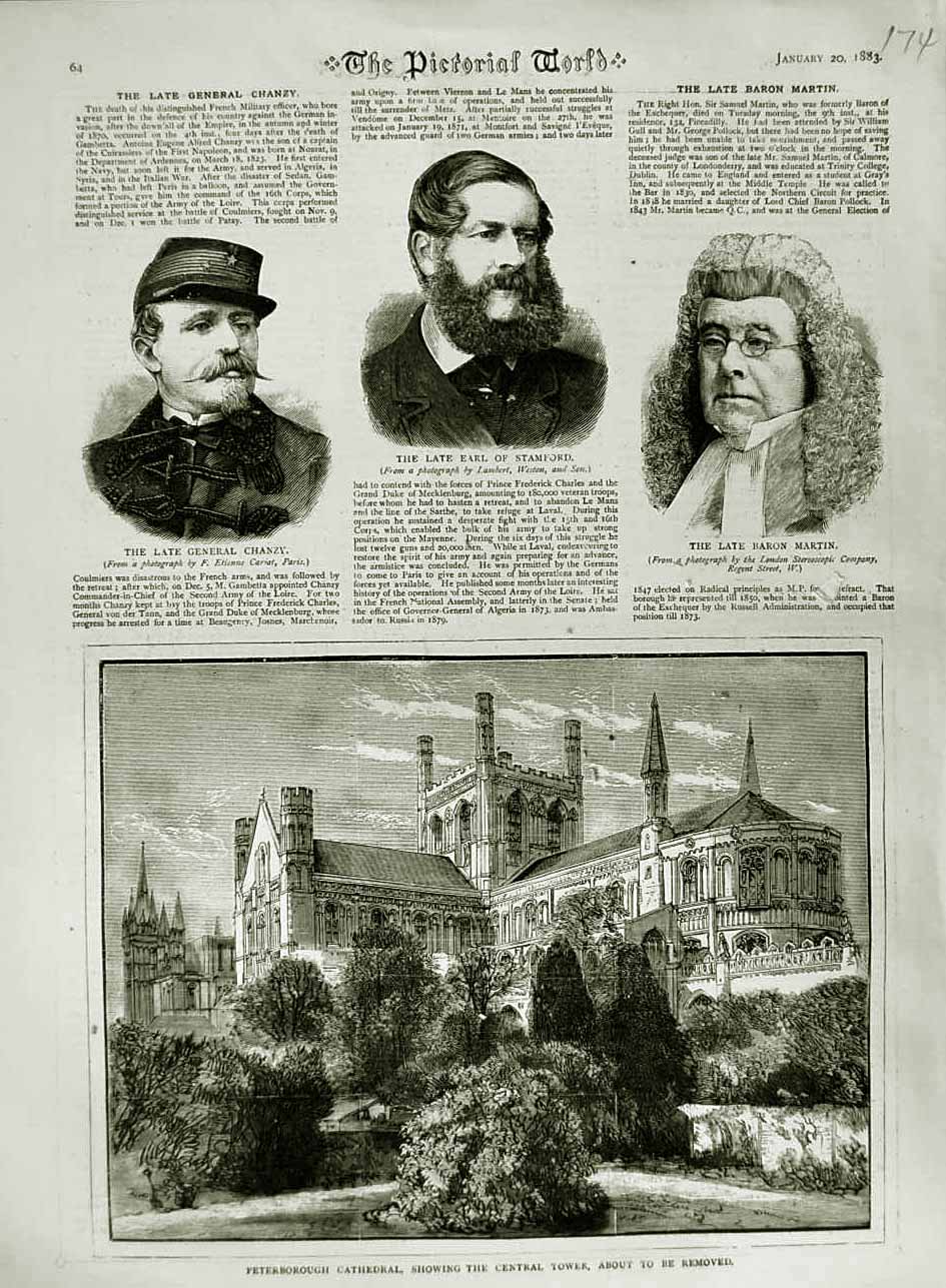 Original Old Antique Print 1883 Peterborough Cathedral Chanzy Stamford Martin