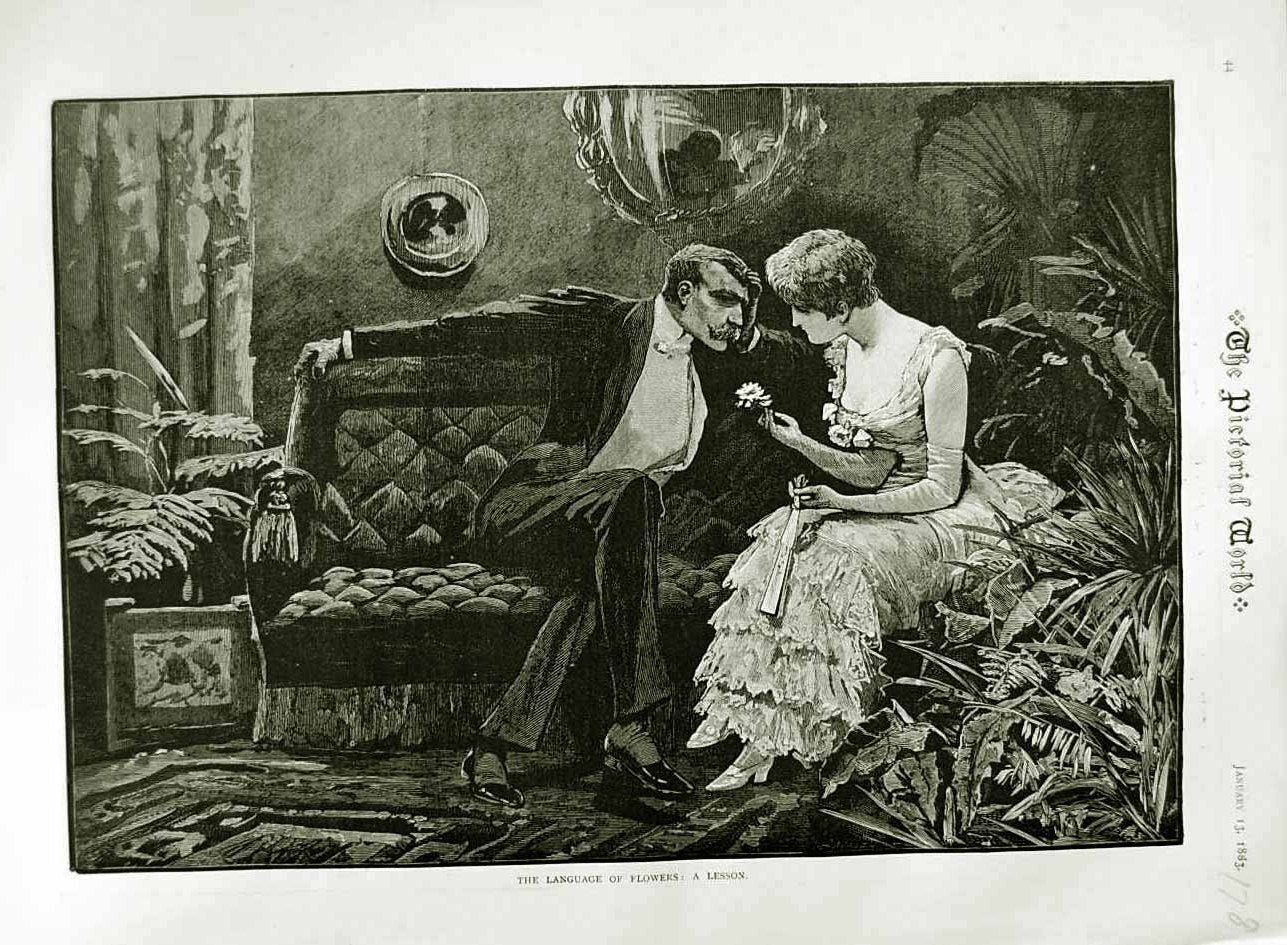 Original Old Antique Print 1883 Pictorial World Man Woman Romance Flowers Art