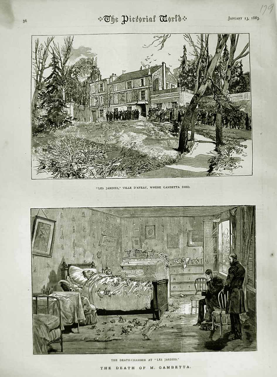 Old Antique Print 1883 Death Chamber Gambetta Les Jardies Ville D'Avray 19th