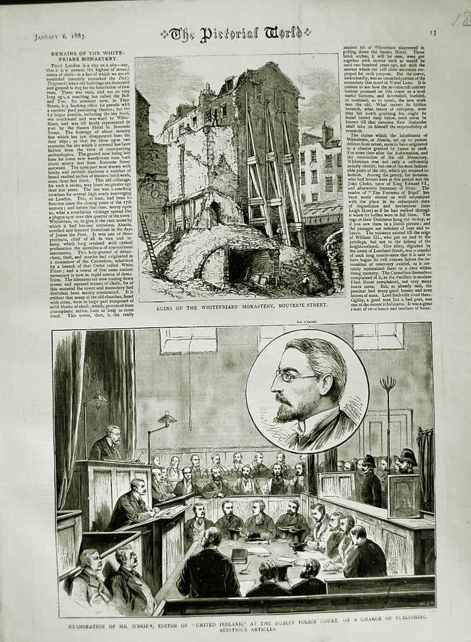 Old Antique Print 1883 Whitefriars Monastery Bouverie Dublin Police Court 19th