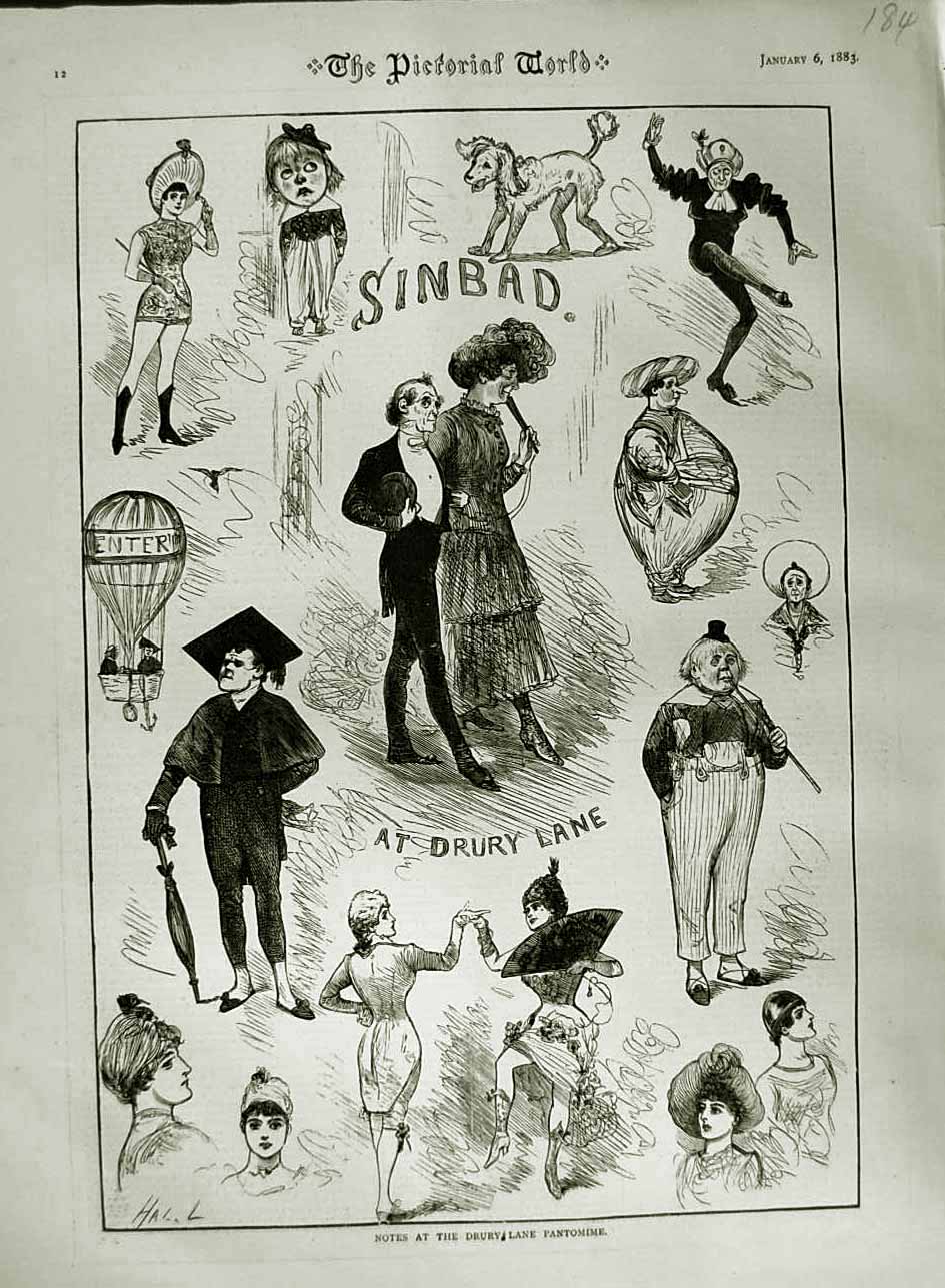 Old Antique Print 1883 Drury Lane Theatre Sinbad Costumes Pictorial World 19th