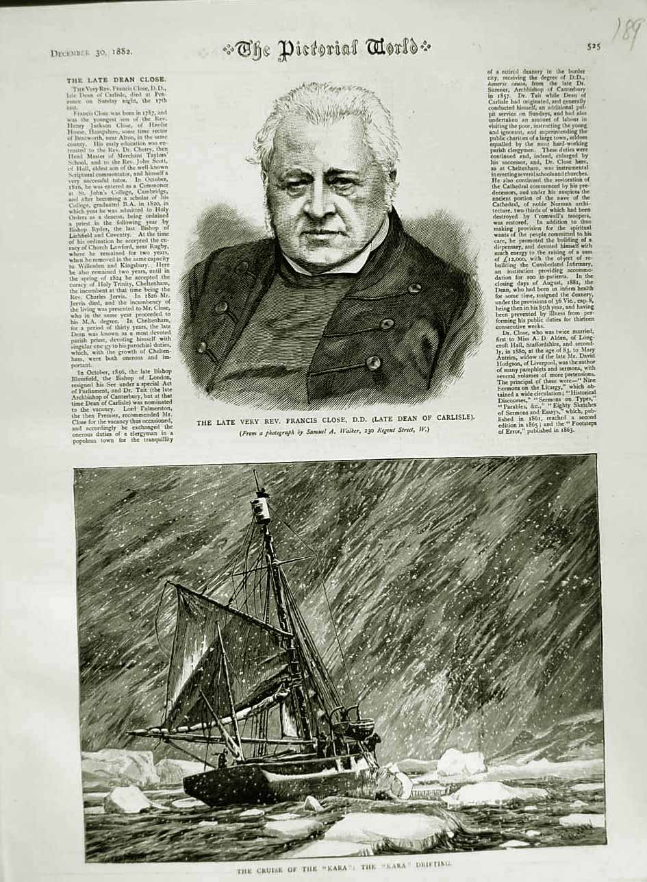 Original Old Antique Print 1882 Rev. Francis Close Dean Carlisle Kara Ship Boat