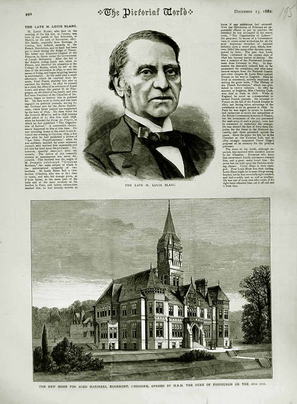Old Antique Print 1882 Louis Blanc Home Mariners Egremont Cheshire Duke 19th