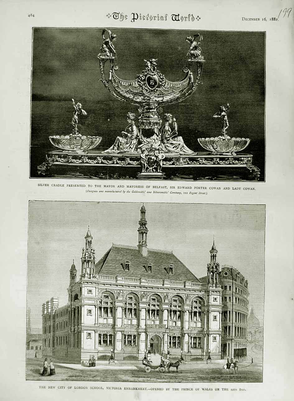 Old Antique Print 1882 Cradle Mayoress Belfast Cowan London School Wales 19th