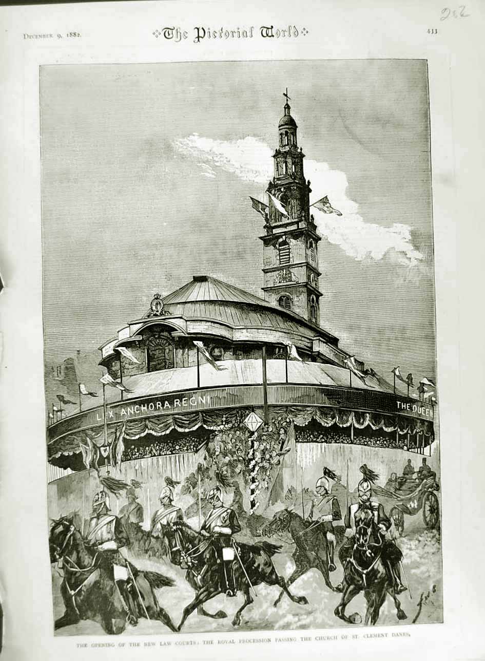 Old Antique Print 1882 Law Courts London Church St. Clement Danes Horses 19th