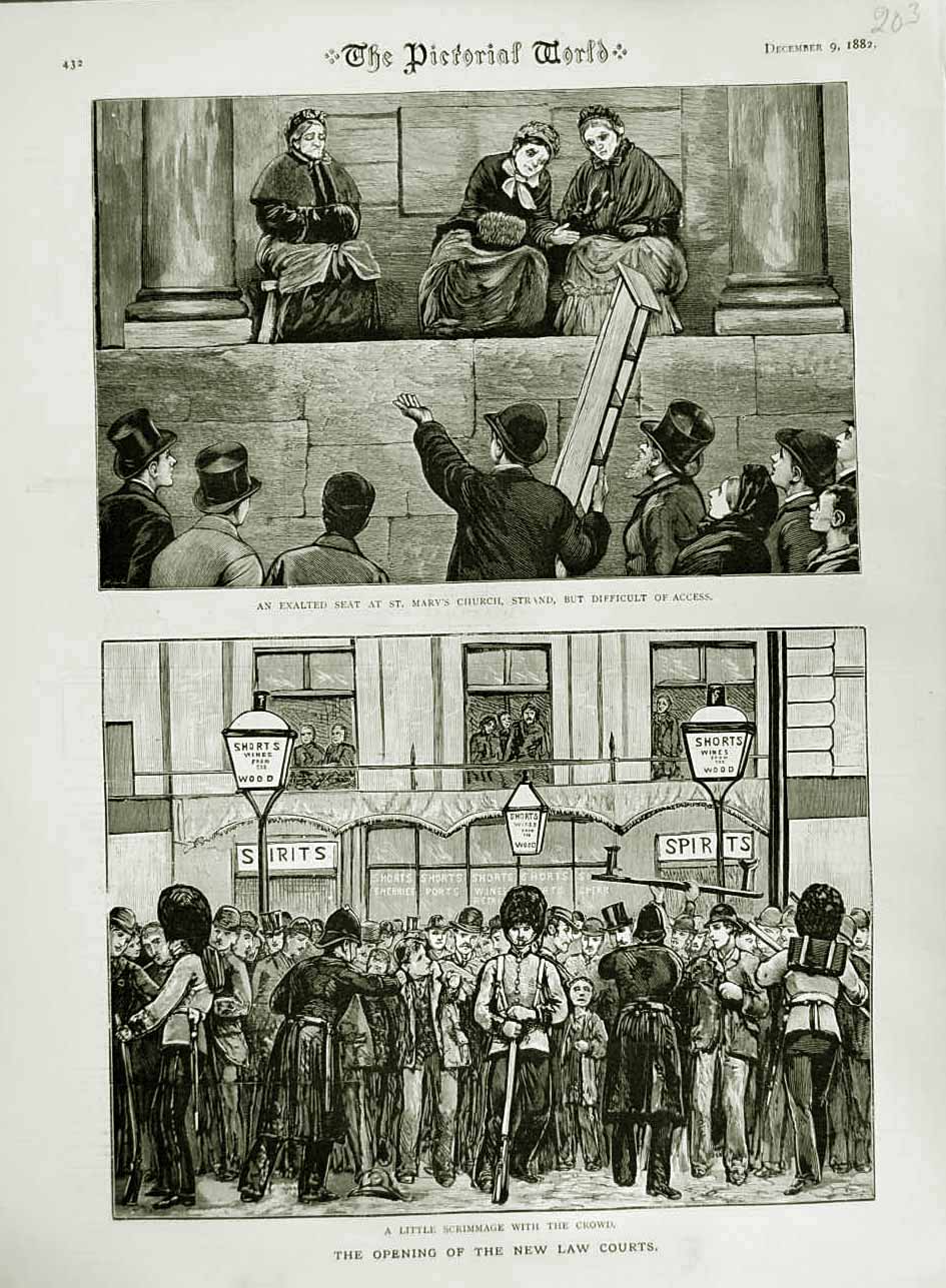 Original Old Antique Print 1882 Mary'S Church Strand London Law Courts Opening